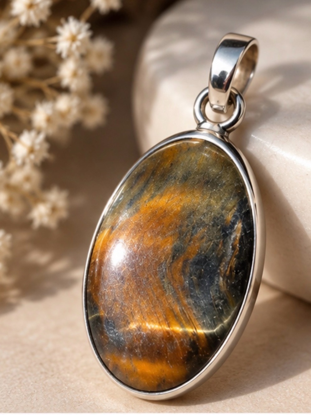 Sterling Silver Tiger's Eye Oval Pendant in Brown and Gold